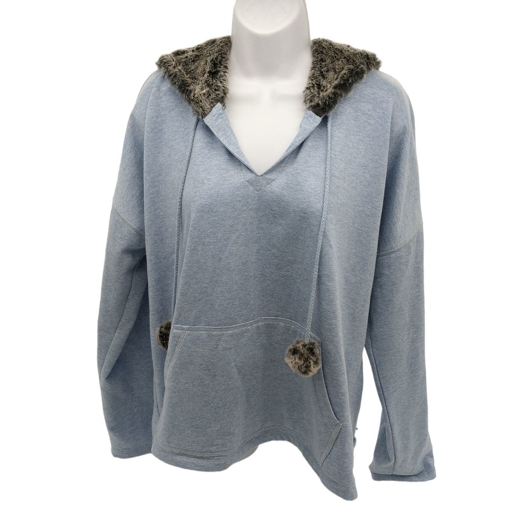 ALFANI INTIMATES Sweatshirt Hoodie Faux Fur Hood XL Blue Top Kangaroo Pocket